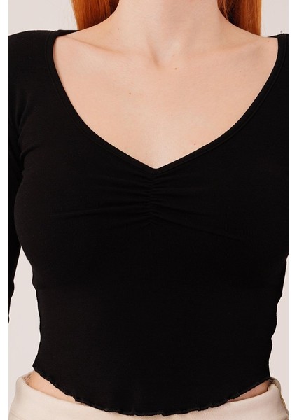 Üçaymoda Geniş Yaka Siyah Basic Body Bluz modelleri