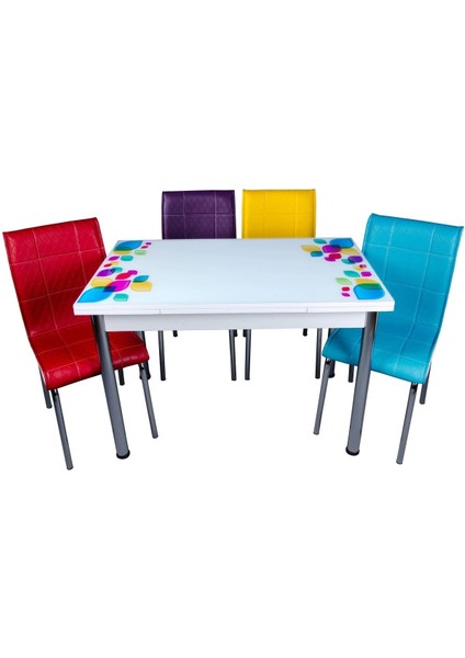 Yandan Açılır Cam Mutfak Masa Takımı 4 Sandalyeli 70 x 110 cm Damla Desen