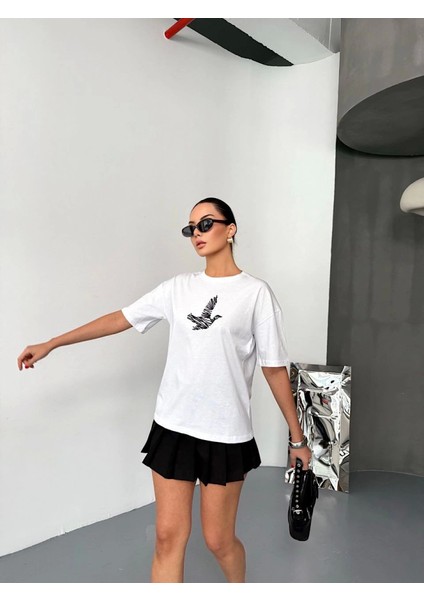 Üçaymoda Kısa Kol Baskılı T-Shirt - Beyaz fırsatları