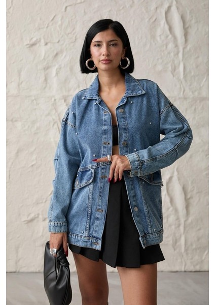 Üçaymoda Mavi Taşlı Kot Ceket