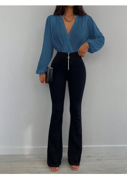 Üçaymoda Kadın Uzun Kollu Kruvaze Yaka Sandy Bluz fırsatları