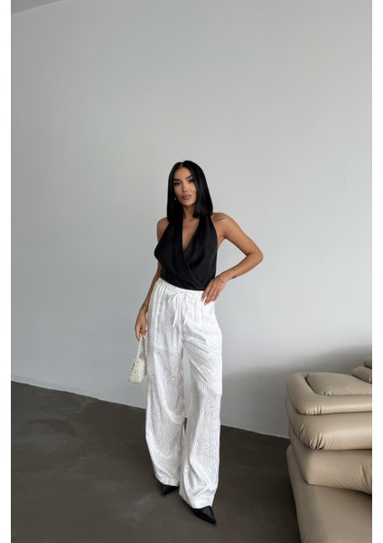 Üçaymoda Jakar Saten Pantolon - Beyaz