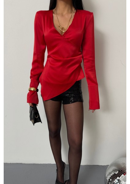 Üçaymoda Saten Anvelop Bluz Manşet Kol - Kırmızı fiyatları