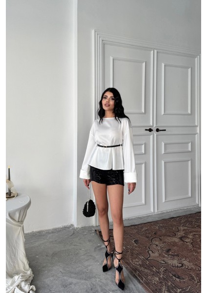 Üçaymoda Kemer Detaylı Saten Bluz - Beyaz