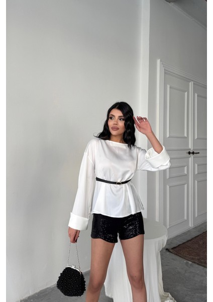 Üçaymoda Kemer Detaylı Saten Bluz - Beyaz fiyatları