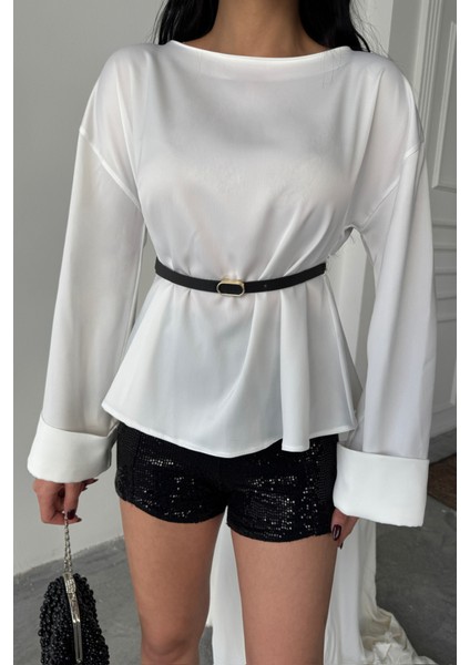 Üçaymoda Kemer Detaylı Saten Bluz - Beyaz modelleri