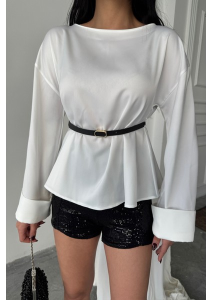 Üçaymoda Kemer Detaylı Saten Bluz - Beyaz fırsatları