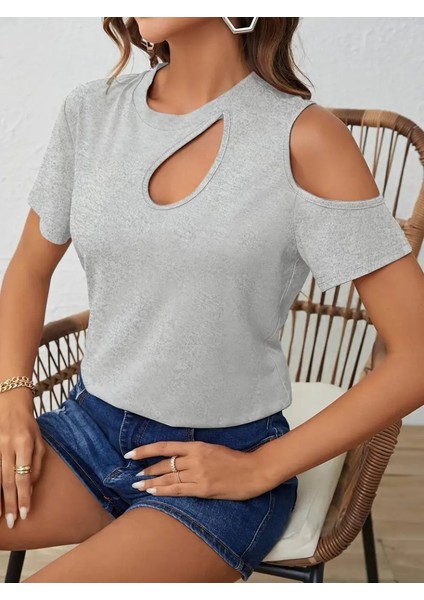 Üçaymoda Kadın Kısa Kollu Tek Omuzu Açık Damla Detaylı Viskon Bluz