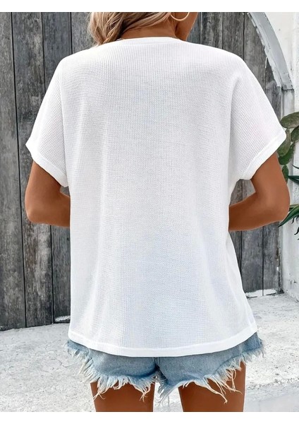 Kadın Kısa Kollu Yakası Açık Önden Düğmeli Waffle Bluz fiyatları