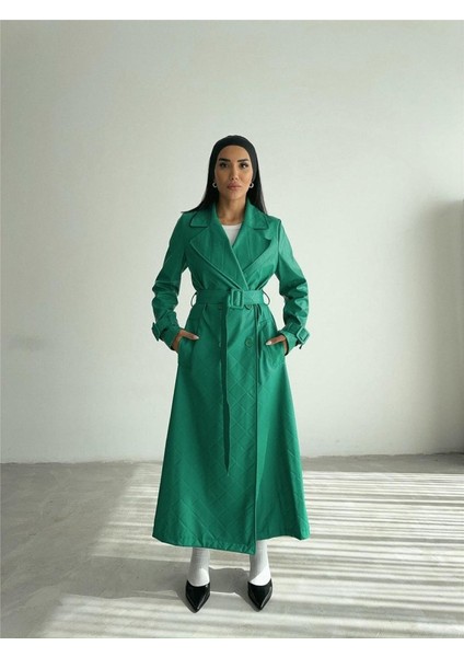 Üçaymoda Kapitone Deri Trench - Yeşil