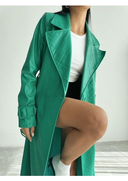 Üçaymoda Kapitone Deri Trench - Yeşil fırsatları