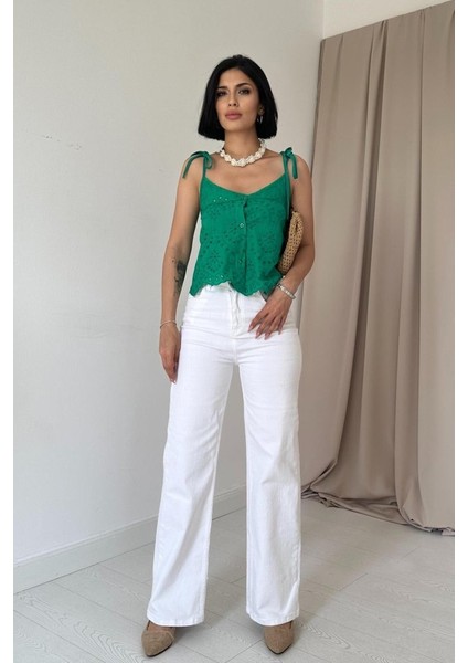 Üçaymoda Yeşil Bağcıklı Brode Bluz fiyatları