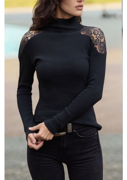 Üçaymoda Kadın Kaşkorse Kumaş Tül Detaylı Uzun Kollu Bluz