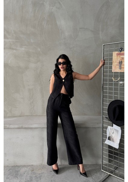 Üçaymoda Keten Tek Düğme Yelek-Pantolon Takım - Siyah