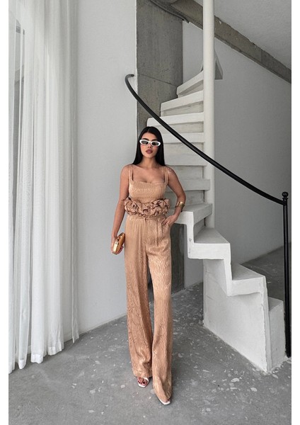 Üçaymoda Jakarlı Bluzu Tasarım Detaylı Ceket-Pantolon-Bluz 3 Lü Takım - Bej