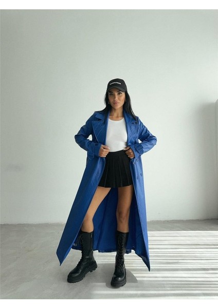 Üçaymoda Kapitone Deri Trench - Mavi