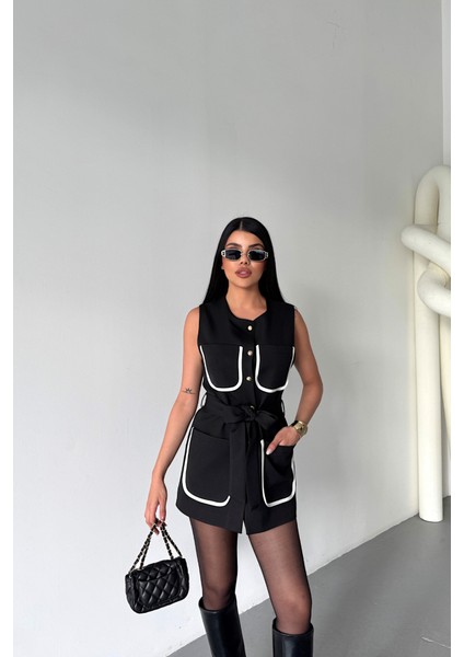 Üçaymoda Büyük Cep Biye Detaylıyelek - Siyah