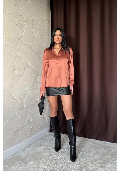 Üçaymoda Kiremit Saten Gömlek