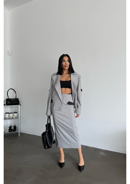 Üçaymoda Crop Ceket - Etek Takım - Gri