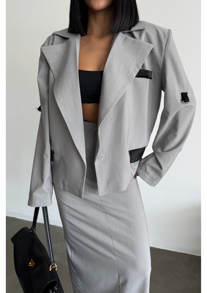 Üçaymoda Crop Ceket - Etek Takım - Gri