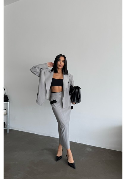 Üçaymoda Crop Ceket - Etek Takım - Gri