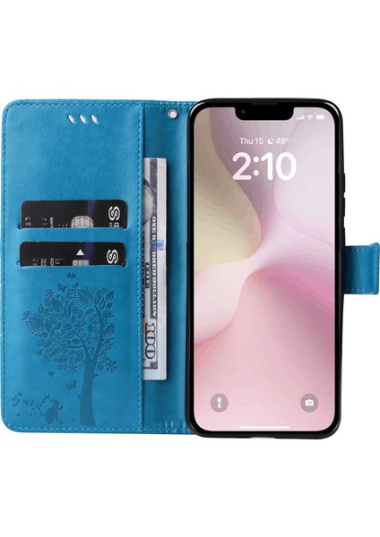 iPhone SE(2024)CÜZDAN Kılıf Ağaç Desenli Deri Telefon Kılıfı-Mavi (Yurt Dışından)