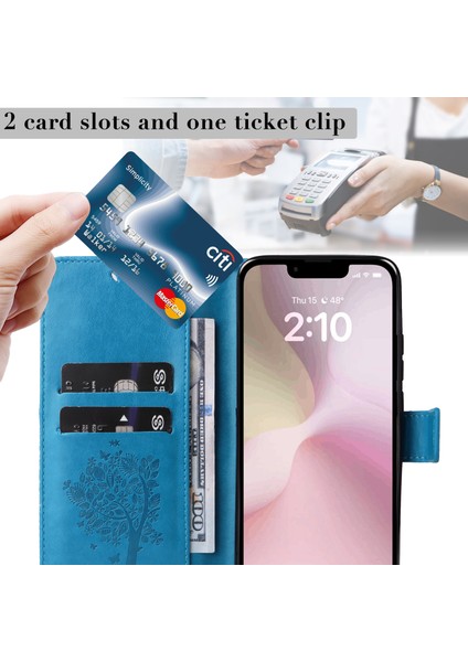 iPhone SE(2024)CÜZDAN Kılıf Ağaç Desenli Deri Telefon Kılıfı-Mavi (Yurt Dışından)