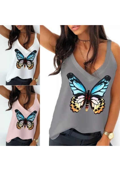 Üçaymoda Kadın Kelebek Baskılı Sandy Kumaş Askılı Bluz modelleri
