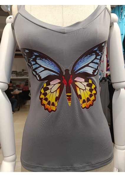 Üçaymoda Kadın Kelebek Baskılı Sandy Kumaş Askılı Bluz indirimleri