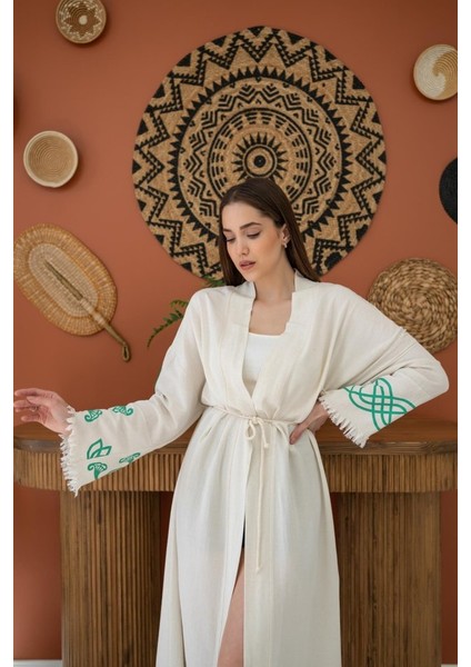Üçaymoda Yeşil Baskı Detay Keten Hırka