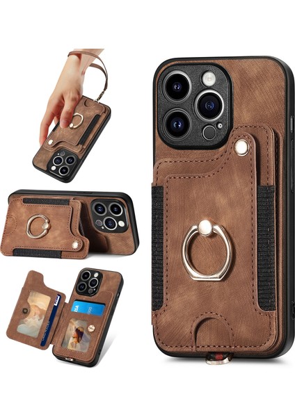 iPhone 15 Pro Için Kılıf Rfıd Engelleme Kart Yuvaları Retro Pu+Tpu Telefon Kapağı-Kahverengi (Yurt Dışından)