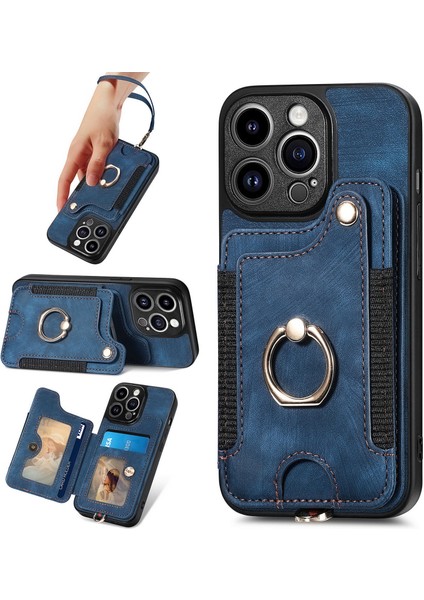 iPhone 15 Pro Max Için Kılıf Rfıd Engelleme Kart Yuvaları Deri+Tpu Halka Çubuğu Kapak-Mavi (Yurt Dışından)