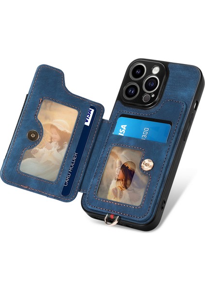 iPhone 15 Pro Max Için Kılıf Rfıd Engelleme Kart Yuvaları Deri+Tpu Halka Çubuğu Kapak-Mavi (Yurt Dışından) modelleri