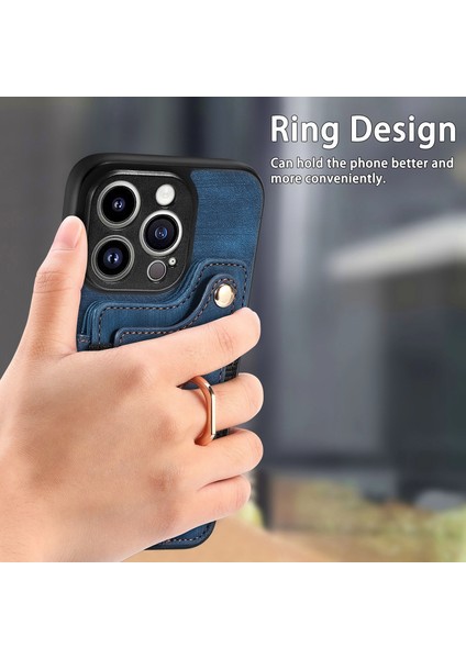 iPhone 15 Pro Max Için Kılıf Rfıd Engelleme Kart Yuvaları Deri+Tpu Halka Çubuğu Kapak-Mavi (Yurt Dışından) indirimleri