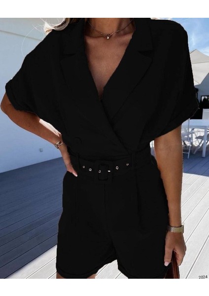 Üçaymoda Kadın Ceket Yaka Pileli Kemer Dahil Şort Tulum