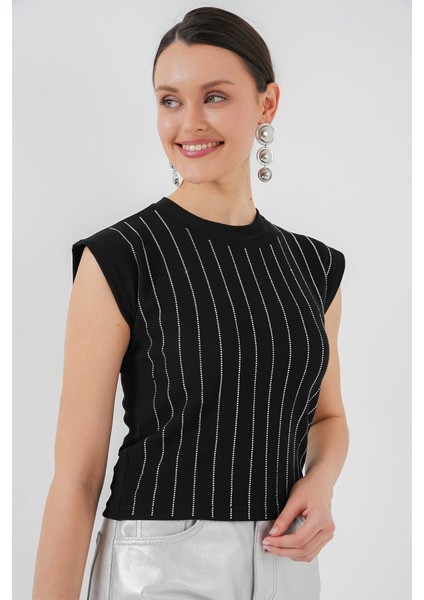 Üçaymoda Sıfır Kol Taşlı Bluz 931 - Siyah