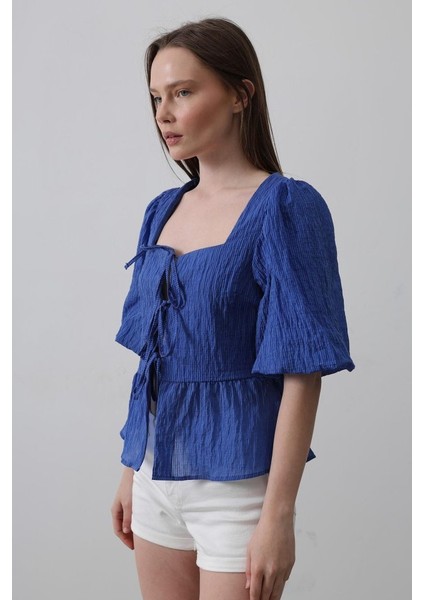 Üçaymoda Kare Yaka Balon Kol Bluz - Mavi fiyatları