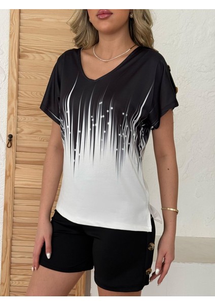 Üçaymoda Kadın V Yaka Kısa Kol Kenarları Minik Yırtmaç Detaylı Dalgıç Bluz + Düğme Detaylı Dalgıç Şort fiyatları