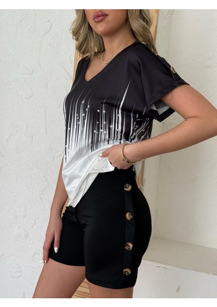 Üçaymoda Kadın V Yaka Kısa Kol Kenarları Minik Yırtmaç Detaylı Dalgıç Bluz + Düğme Detaylı Dalgıç Şort modelleri