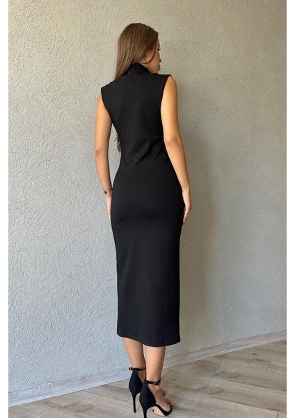 Üçaymoda Siyah Boydan Fermuarlı Sıfır Kol Elbise