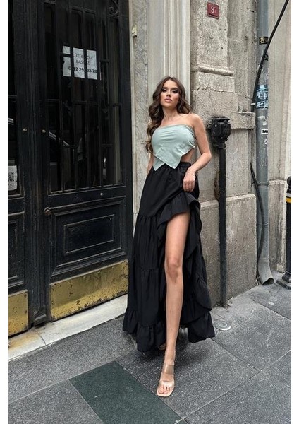 Üçaymoda Audrey Fıfrlı Yırtmaç Detay Etek 4037