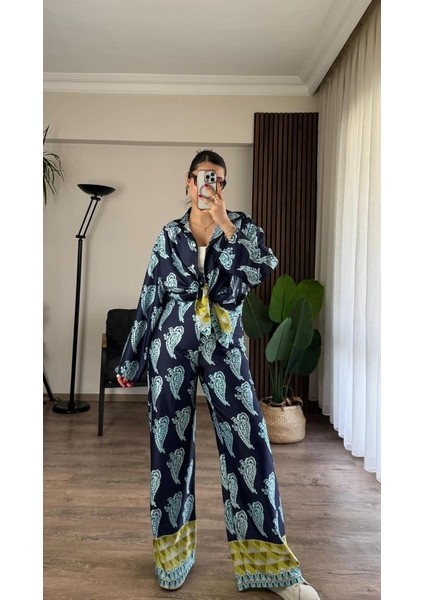 Üçaymoda Desenli Saten Bol Takım - Indigo fırsatları