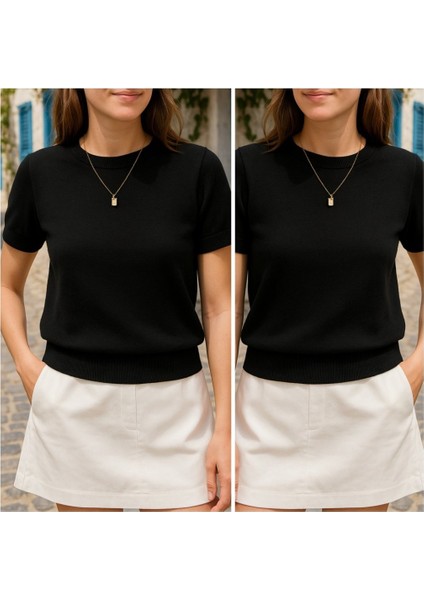 Üçaymoda Kadın Kısa Kollu Bisiklet Yaka Triko Bluz modelleri