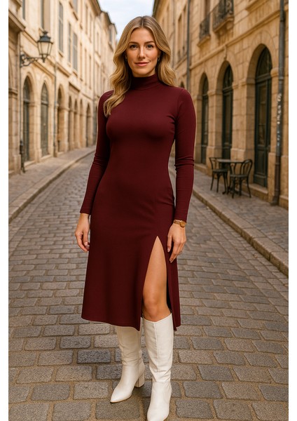 Üçaymoda Kadın Uzun Kollu Balıkçı Yaka Derin Yırtmaç Detay Krep Elbise