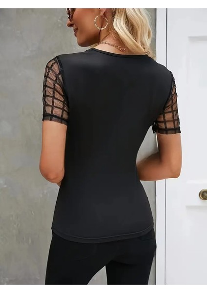 Üçaymoda Kadın Kısa Kollu Yakası Açık Damla Ağ Tül Detaylı Viskon Bluz modelleri