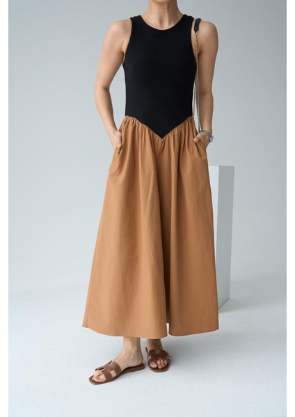 Üçaymoda Iki Renkli Elbise - Siyah-Taba modelleri