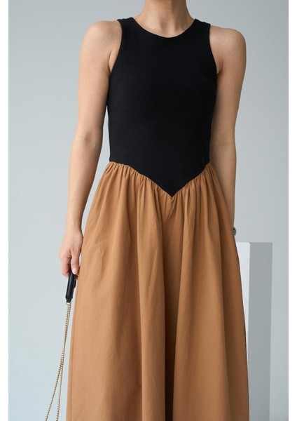 Üçaymoda Iki Renkli Elbise - Siyah-Taba fırsatları