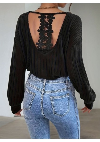 Üçaymoda Kadın Uzun Kollu V Yakalı Pencere Sırt Dantel Detaylı Kalın Fitilli Kaşkorse Bluz