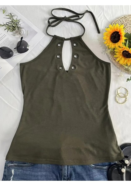 Üçaymoda Kadın Askılı Kuş Gözü ve Dekolte Detay Boyundan Bağlamalı Viskon Bluz fırsatları