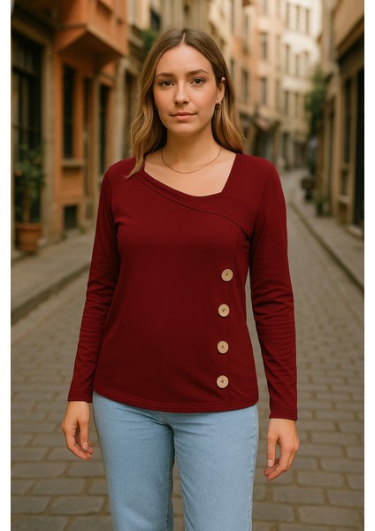 Üçaymoda Kadın Uzun Kollu Geometrik Yaka Detay Yandan Düğmeli Viskon Iki Iplik Bluz